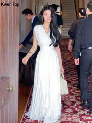 Summer Solid Pleats Long Dresses French Elegant V Neck Holiday Party Vestidos