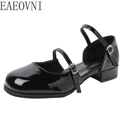 Shoes Buckle Pumps Women Thick Heels Elegant Shallow Square Toe Footwear Party