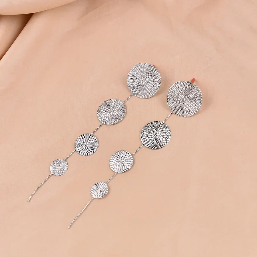 Temperament Fashion Metal Hammering Pattern Geometric Circular Long Tassel Creative Spliced Stud Earrings for Women Jewelry Gift