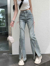 American Split Jeans Women Pink Bandage High Waist Irregular Spliced Denim Pants