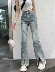 American Split Jeans Women Pink Bandage High Waist Irregular Spliced Denim Pants