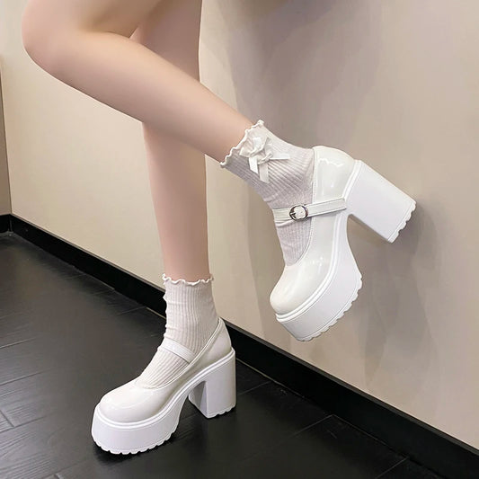 Fashion White Platform Pumps for Women Super High Heels Buckle Strap Mary