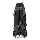 American Retro Washed Wide-Leg Star Patch Jeans Women High Street Y2K