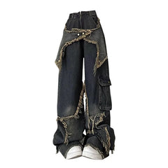 American Retro Washed Wide-Leg Star Patch Jeans Women High Street Y2K