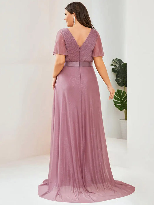 Evening Dresses Ever pretty of Plus Size Deep V Neck Ruffles Sleeve Dress