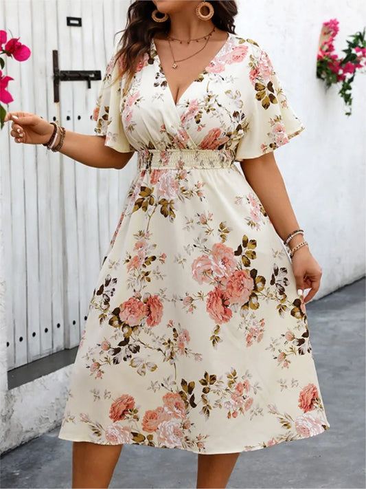 Plus Size Summer Flower Floral Print Midi Dress Women V-Neck Modis Sweet Ruffle