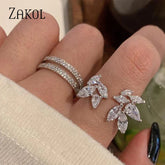 Korea Shiny Cubic Zircon Leaf Shape Open Rings for Women Fashion Geometry