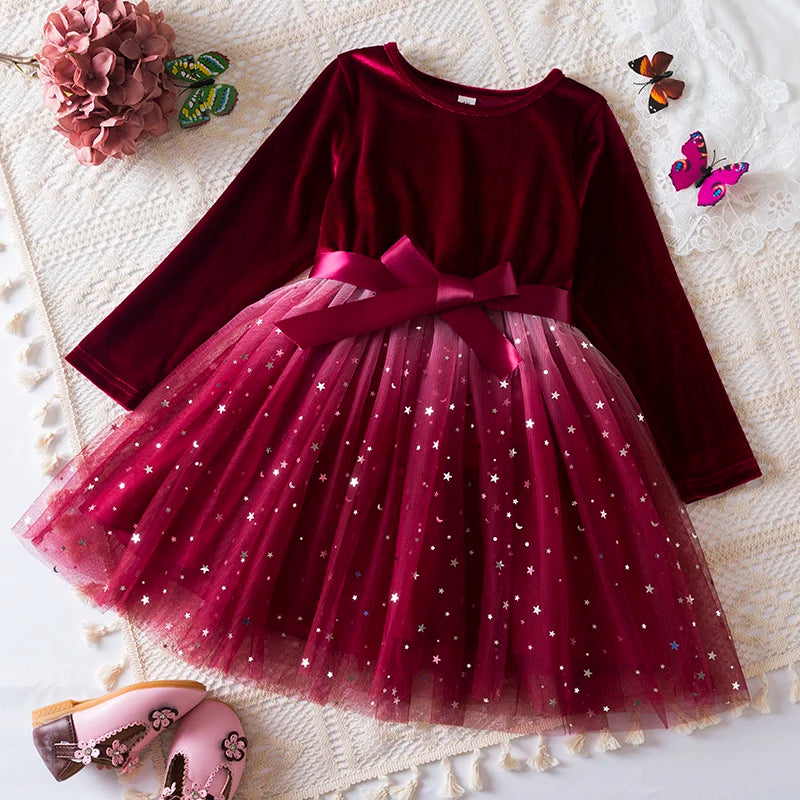 Children Girls Dress Red Christmas Spring Long Sleeved Dresses for Kids