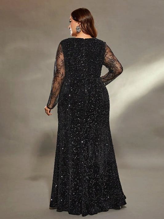 Mgiacy plus size Queen neckline lace long sleeve slim sequin slit fishtail Dress