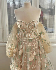 Homecoming Dresses: Pearl Beading Prom Dress Princess Puffy Sleeve Evening Dresses