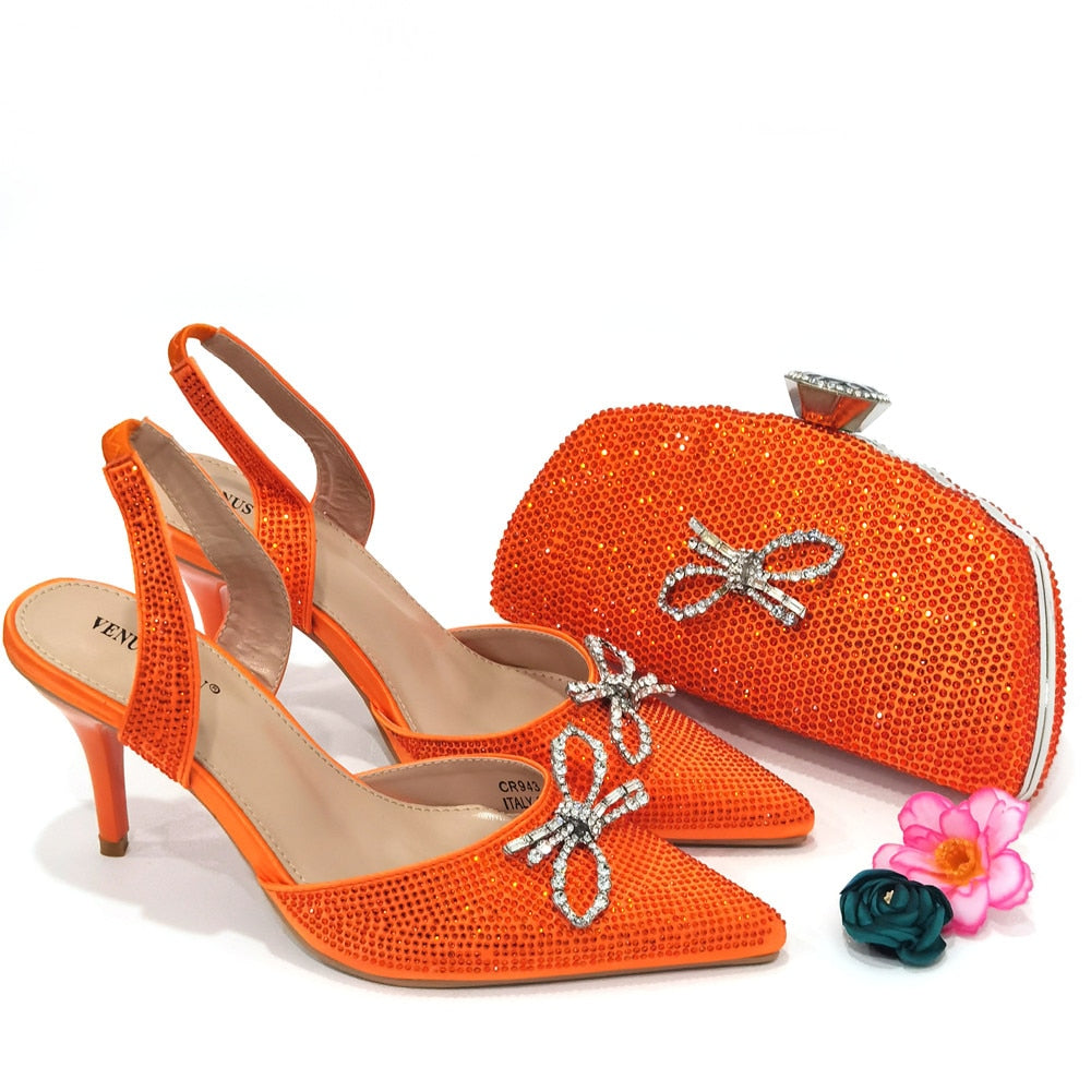 Matching Shoes and Bags: Italian gold Shoes And Bag Sets For Evening Party With Stones