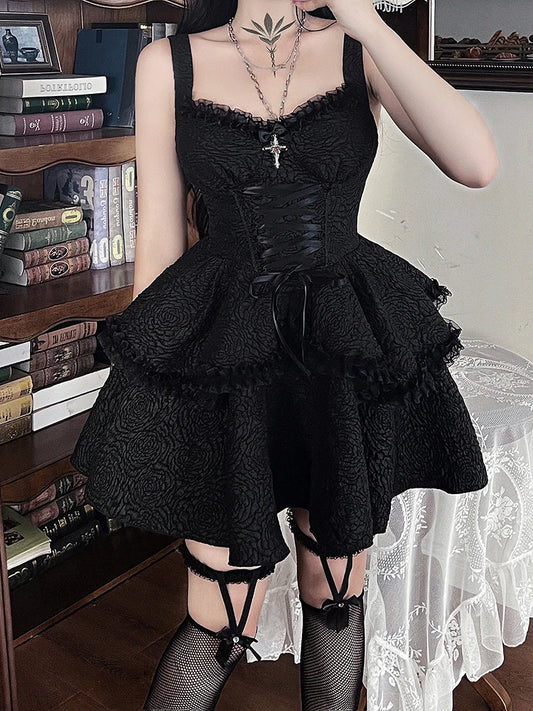 Dark Gothic Party Dress Woman Elegant Vintage Lace Splice Spaghetti Strap