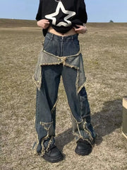 American Retro Washed Wide-Leg Star Patch Jeans Women High Street Y2K