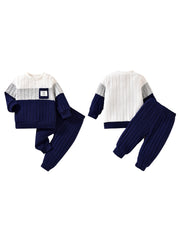 VISgogo 0-3 Years Boys Fall 2Pcs Clothes Sets Long Sleeve O Neck Patchwork Pullover Solid Color Pants