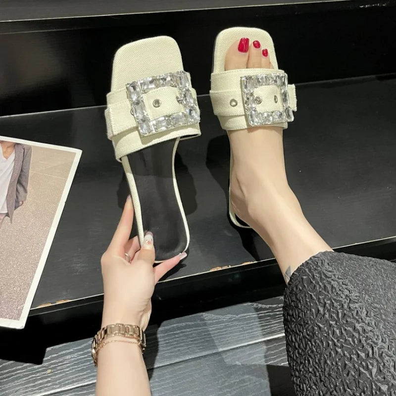 Metal Button Letter Decoration Women Slippers Summer Women Sandals