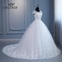 White Bridesmaid Dresses: Plus Size Wedding Dress with Sleeve O Neck Brides Dress Floor