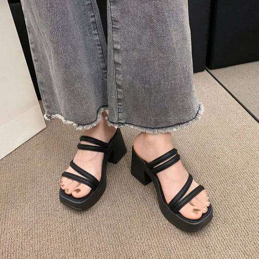 Women Sandals Ladies Square Heels Elegant Summer Slippers Outside Cross Tied
