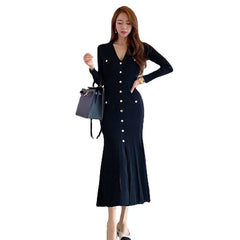 Vintage Korean Maxi Dresses for Women Party Long Sleeve V-neck Mermaid Dress