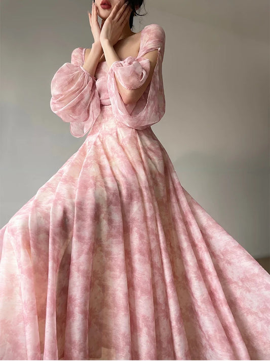 Evening Dresses: Pink Floral Dress Woman Long Sleeve Chiffon Casual Midi Dress