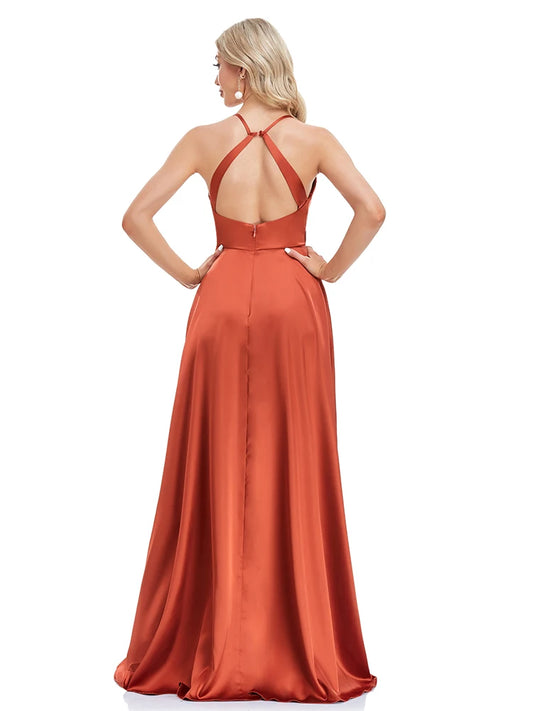 Homecoming Dresses: Evening Dress Women V-neck High Slit Satin Formal Cocktail Gowns