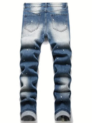 Men Y2k Stretchy Denim Jeans Ripped Skinny Letter Print Elastic Waist Casual Pants