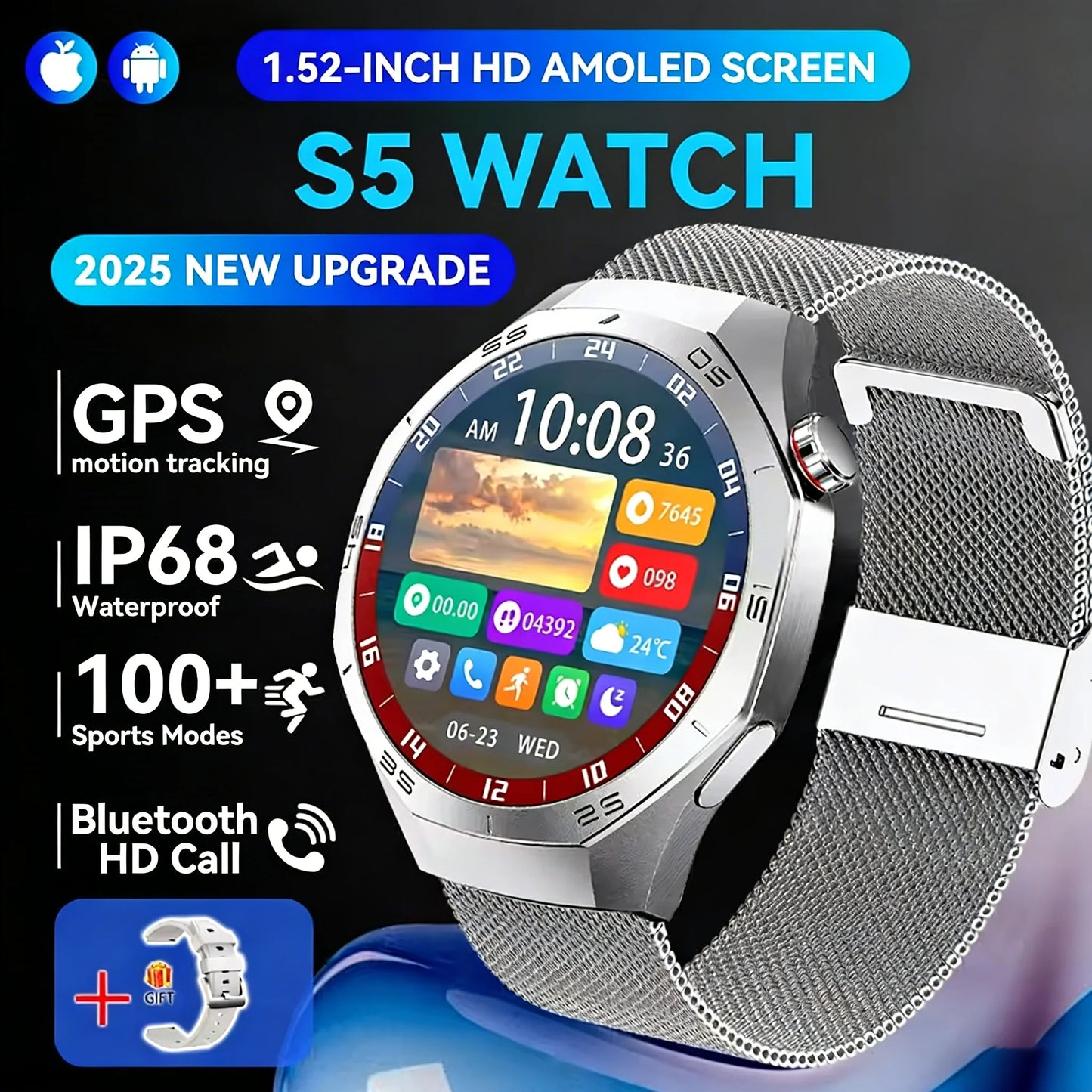 Round GPS Smart Watch Waterproof BT Call Men SmartWatch for Women Health Monitor 100+Sport Smart Band DIY Watch Faces Best Gifts