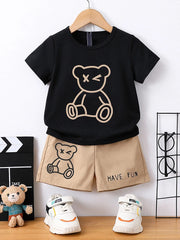 Summer Boy Cartoon Bear Children's 2-piece Set Round Neck T-shirt+Shorts Cool and Breathable