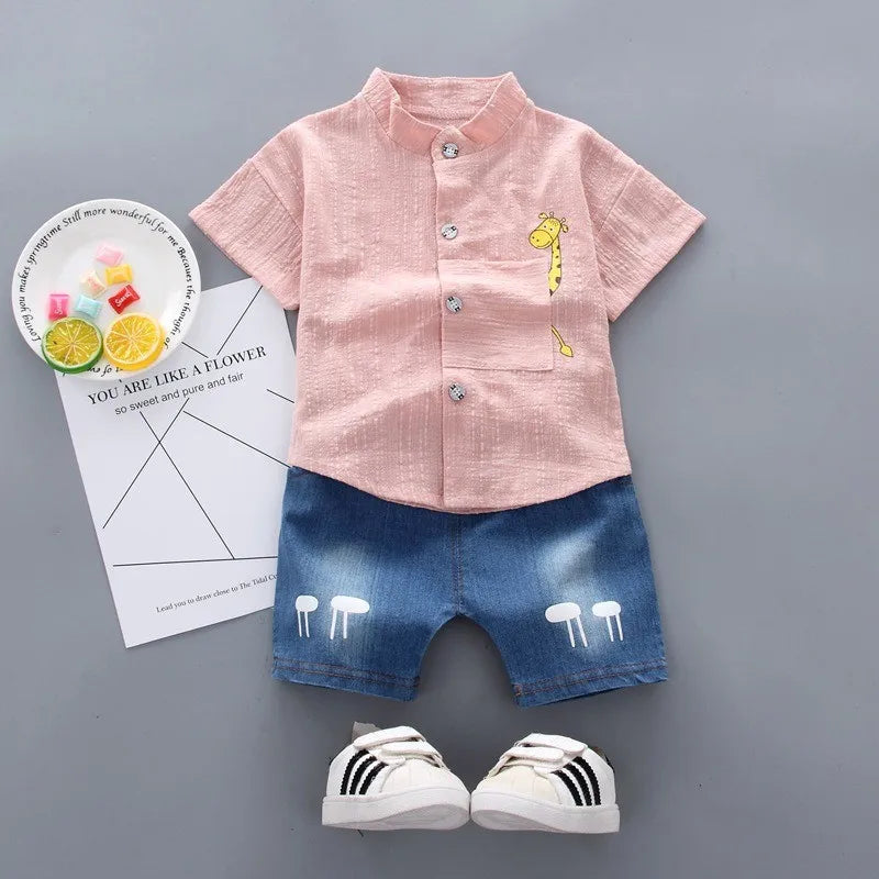 New Summer Hot Sale Toddler Kids Baby Boys Shirt Cartoon Tops Denim Shorts Pants Outfits Set Baby Clothes