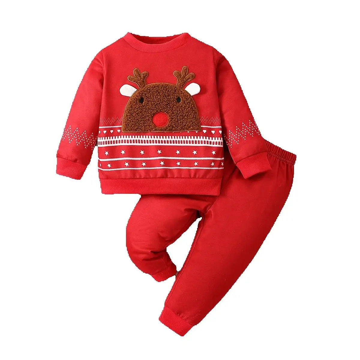 2-piece set of fashionable and cute round neck long sleeved star print hoodie and pants for baby boys, worn on Christmas Day