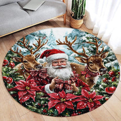 Pink Floral Christmas Tree Round Carpet Green Pine Branch Bowknot New Year Xmas