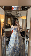 Homecoming Dresses: Blue And White Puffy Sleeve A-line Prom Dress