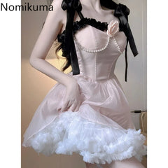 Sweet Dresses for Women Lace Up Bow Sling Robe Femme Beading