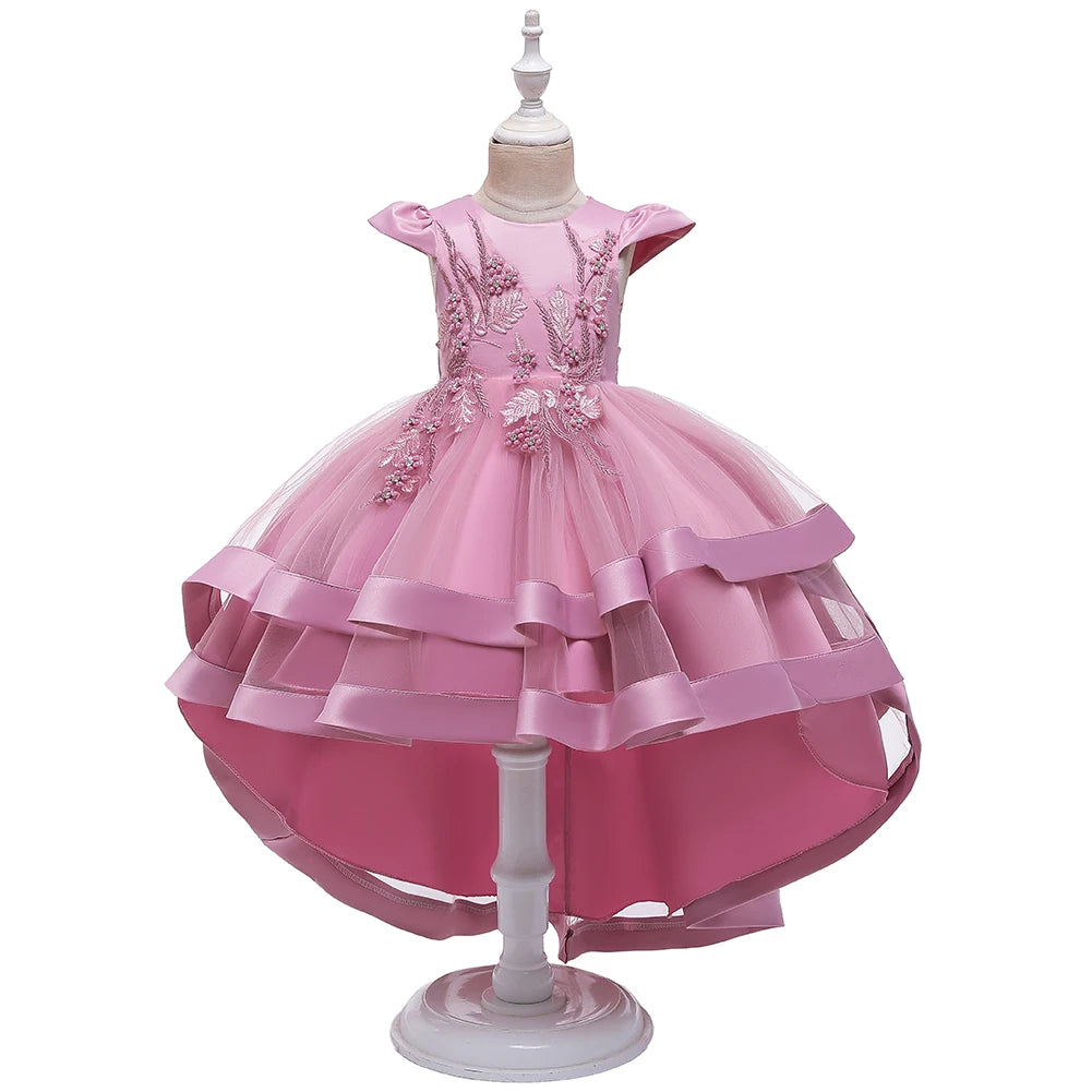 Pink Girl Embroidered Beaded Princess Dress For 3 to 12 Year Girl Tail Party Dress Kid School performance costumes