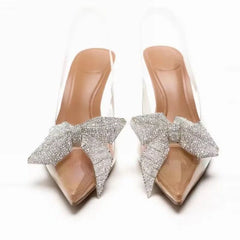 Women Summer Bow Rhinestone Slingback Pumps Fashion Lady Transparent High Heels