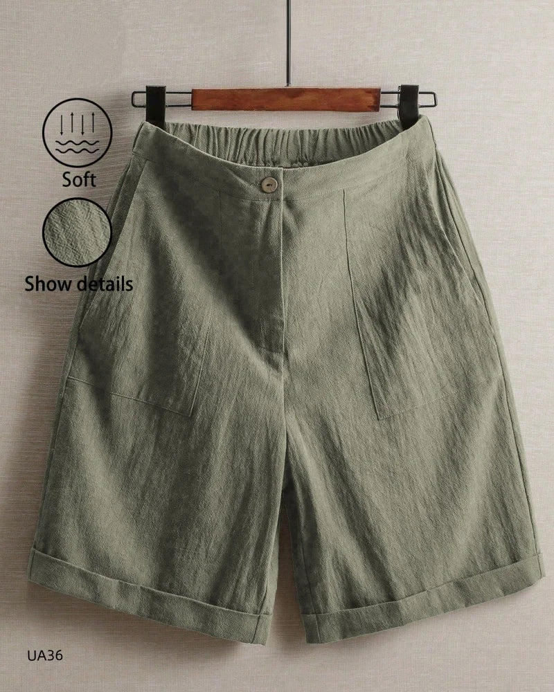 Women's High Waist Cotton Linen Blend Shorts Elastic Waist with Pockets Summer Casual Loose Wide Leg Rolled Hem Female Pants