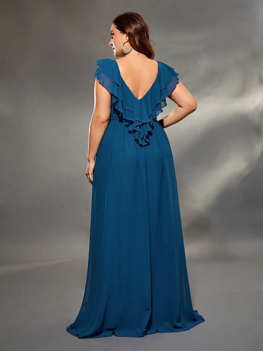Mgiacy plus size V-neck double layer lotus sleeve chiffon full skirt Evening