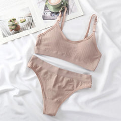 Women Seamless Bra Set Lingerie High Waist Cotton Thong Panties Wire Free