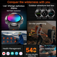 Outdoor Military Smart Watch Men Built-in GPS 1.46" AMOLED Compass Altimeter BT Call 3ATM Waterproof Clock LED Sports Smartwatch