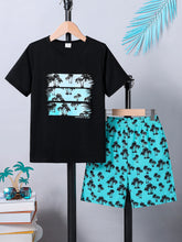 Boys' and children's 2-piece set, fashionable and casual thin breathable printed T-shirt+printed shorts