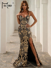 Evening Dresses: Maxi Evening Dress Elegant Women Spaghetti Strap V Neck Side