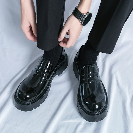 Men Black Fashion Loafers Original Patent Leather Round Thick Bottom