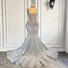 Homecoming Dresses: Women Silver Long Mermaid Prom Dresses Sheer Mesh