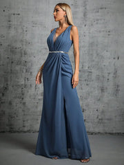 Homecoming Dresses: V-neck silver sequin belt pleated chiffon slit skirt Party Dress