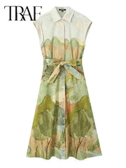 TRAF Summer Dress Fashion Green Print Long Dresses For Women