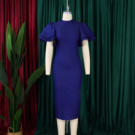 Evening Dresses: Women Denim Dresses O Neck Ruffle Flare Sleeves Package
