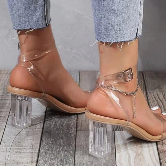 High Heel Summer Women Thick Heel Transparent Belt PVC Plus Size