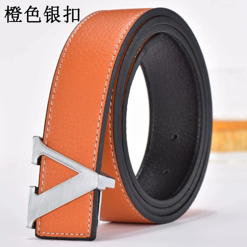 Men's high-end belt with smooth buckle; Korean style fashion trend letter V belt; men's belt