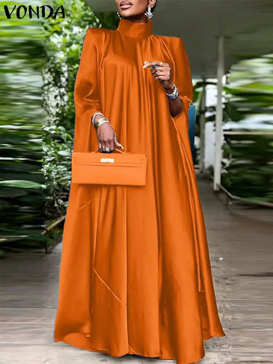 5XL Plus Size Women Dress Stand Collar Elegant Satin Dress Long