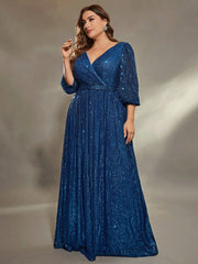 Mgiacy plus size V-neck bust pleated mid-long sleeve A-frame sequin long dress