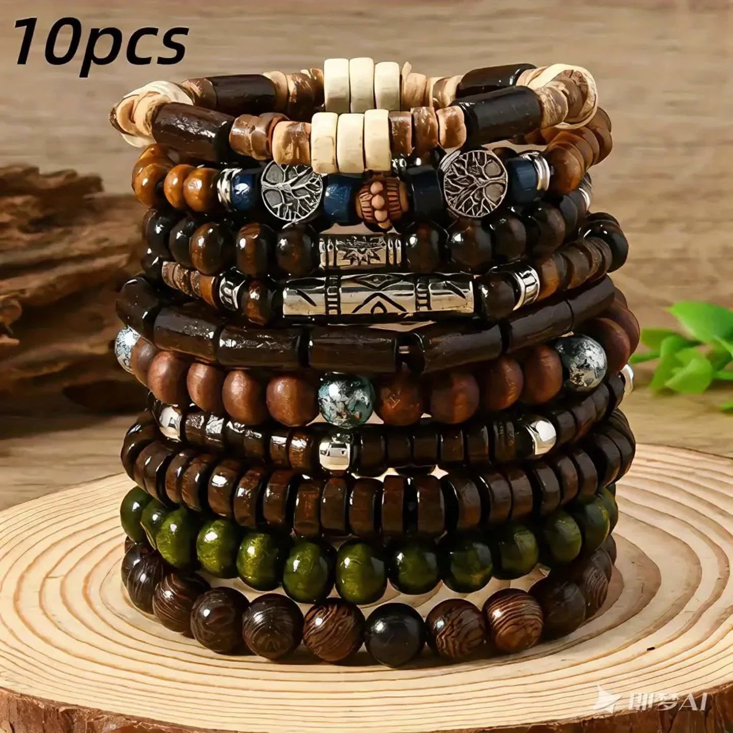 10PCS Bohemia Ethnic Beaded Bracelets For Men Vintage Multi Layer Wooden Beads Life Tree Beaded Bracelets Accessory Gifts Party